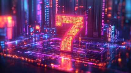 Poster - Vibrant digital number seven illuminated among futuristic city skyline at night