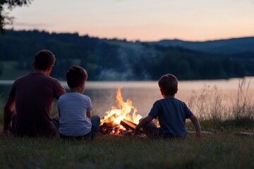 Wall Mural - A family sits around a campfire by a peaceful lake at sunset, enjoying the tranquil ambiance of nature.