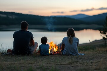 Wall Mural - A family sits around a campfire by a peaceful lake at sunset, enjoying the tranquil ambiance of nature.