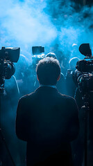 Poster - A person stands before cameras in a smoky environment, suggesting a media or event setting.