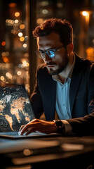 Aufkleber - A focused professional working on a laptop displaying a world map in a dimly lit environment.