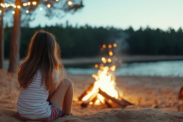 Wall Mural - Two children sitting by a campfire during dusk, surrounded by a dark forest backdrop.
