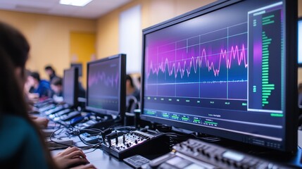 Poster - A physics classroom where students are using an oscilloscope to visualize sound waves.