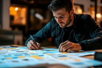 Poster - A focused individual sketches and organizes ideas on papers in a dimly lit workspace.