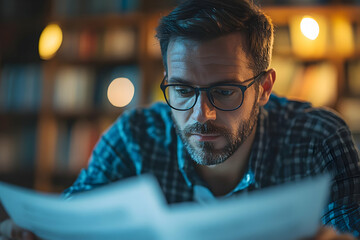 Aufkleber - A man reading documents intently in a cozy, dimly lit environment.