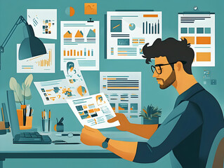 Poster - A man reviews reports and charts at a desk, surrounded by data visualizations on walls.