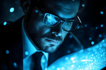 Poster - A man in glasses gazes intently at a glowing digital display, surrounded by blue light.