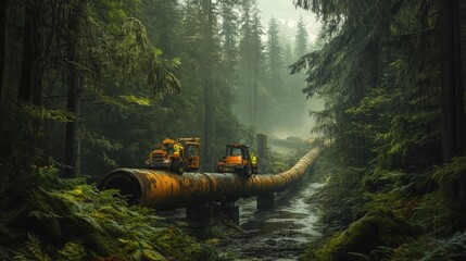 Poster - a pipeline inspection crew works to check the condition of an oil pipeline running through a dense f