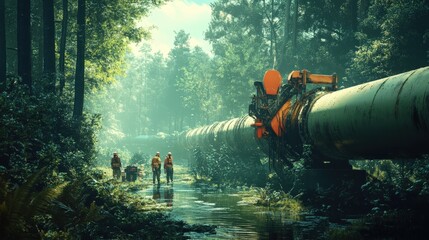 Poster - a pipeline inspection crew works to check the condition of an oil pipeline running through a dense f
