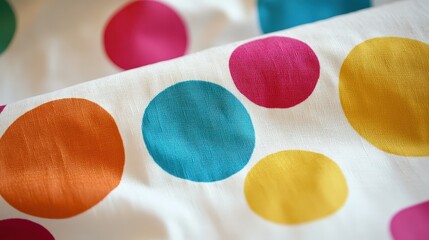 Poster - A playful polka dot fabric pattern in bright colors, featuring large and small dots scattered across the fabric.