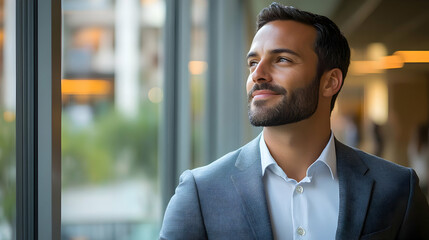 Aufkleber - A well-dressed man gazes thoughtfully out a window in a modern setting.