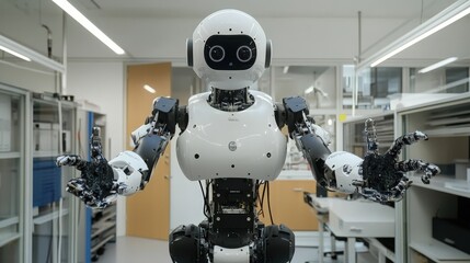 Poster - a robotics industry lab where scientists are developing advanced humanoid robots, symbolizing cuttin