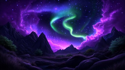 Wall Mural - Mesmerizing Northern Lights Over Majestic Mountain Range