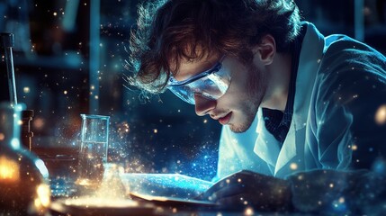 Poster - A scientist excitedly reviewing data in a lab, eyes sparkling with curiosity, reflecting the joy of discovery and learning in one's work.