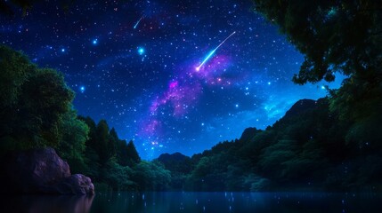 Wall Mural - Starry Night Sky Over a Serene Forest Lake with Shooting Stars