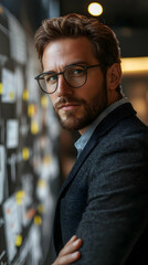 Poster - A focused man in glasses stands beside a wall filled with charts and notes.