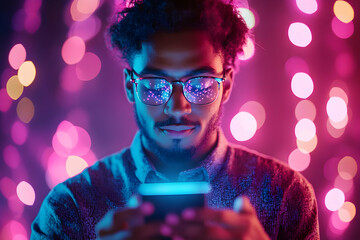Poster - A young man gazes at his smartphone, illuminated by colorful, glowing lights.