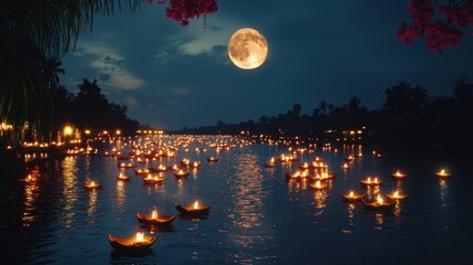 Wall Mural - a serene night scene of a river filled with lit and the reflection of the full moon, creating a magi