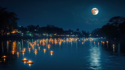 Wall Mural - a serene night scene of a river filled with lit and the reflection of the full moon, creating a magi