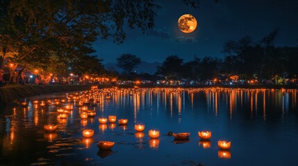 Wall Mural - a serene night scene of a river filled with lit and the reflection of the full moon, creating a magi