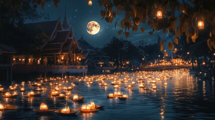 Wall Mural - a serene night scene of a river filled with lit and the reflection of the full moon, creating a magi