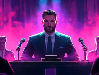 Poster - A confident man sits at a podium, flanked by microphones, suggesting a formal event or debate.