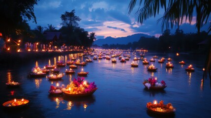 Poster - A serene river glowing under the moonlight, filled with floating adorned with flowers, candles, and incense for the Krathong Festival.