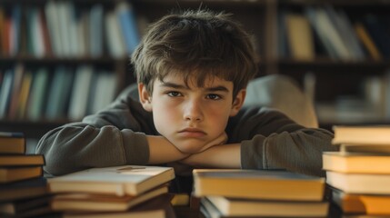 Poster - A boy looks bored, resting his head on books in a library setting.