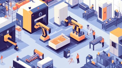 Poster - A smart factory in the tech industry, with autonomous robots moving materials and handling tasks under precise automated systems.
