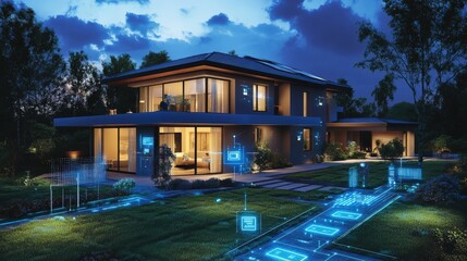 Poster - A smart home model equipped with integrated technology for lighting, temperature, and security, combining comfort with modern convenience.