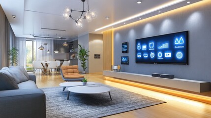 Poster - A smart home model equipped with integrated technology for lighting, temperature, and security, combining comfort with modern convenience.