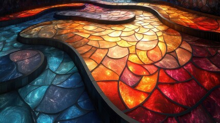 Poster - A vibrant, abstract mosaic featuring colorful glass pieces arranged in flowing patterns, creating a stunning interplay of light and color.