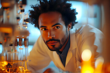 Poster - A focused scientist examines laboratory equipment amid glowing vials and flasks.