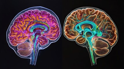 Poster - a split-view of the brain showing the left hemisphere's focus on logic and the right focus on creati
