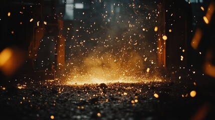 Poster - A steel foundry with sparks flying as metal is forged and processed, highlighting the intense environment of metalworking.