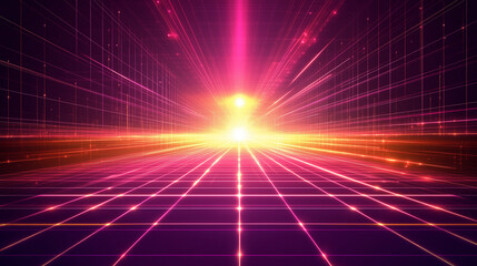 abstract pink and yellow laser light beam tunnel background. a futuristic virtual space illuminated 