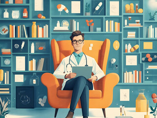 Aufkleber - A doctor sits in an orange chair, surrounded by shelves filled with medical items and books.