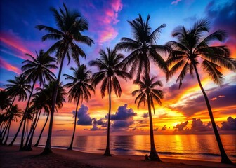 Wall Mural - Stunning Silhouette of Palm Trees Against a Vibrant Beach Sunset, Capturing the Essence of Tropical Paradise and Serene Ocean Vibes in a Breathtaking Scene