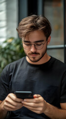 Poster - A young man focused on his smartphone, seated in a modern indoor setting.