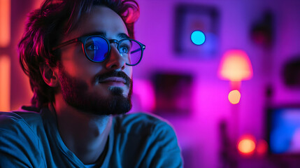 Aufkleber - A thoughtful young man with glasses gazes into the distance, illuminated by colorful lights.