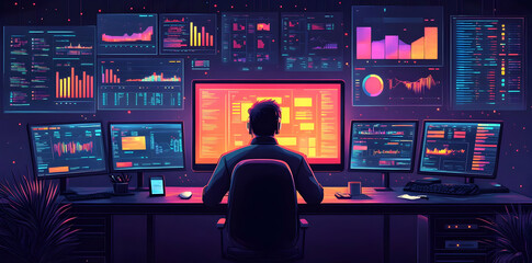 Aufkleber - A person analyzes data on multiple screens in a tech-focused workspace.