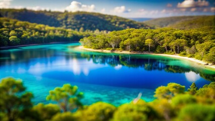 Wall Mural - Stunning Tilt-Shift Photography of Lake McKenzie Showcasing Vibrant Blue Waters and Lush Green Surroundings in a Unique Miniature Perspective Style