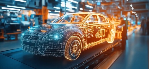Poster - A digital representation of a car in a futuristic manufacturing setting.