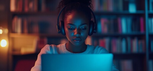 Aufkleber - A focused individual using a laptop with headphones in a cozy setting.