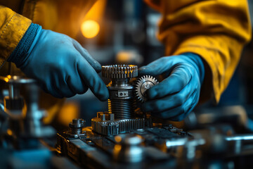 Poster - Expert hands skillfully assembling gears in a busy workshop environment