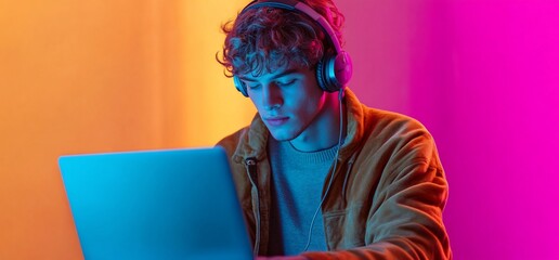 Aufkleber - A focused individual working on a laptop with headphones in a colorful setting.