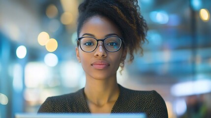 Poster - A focused woman with glasses working on a laptop in a modern environment.