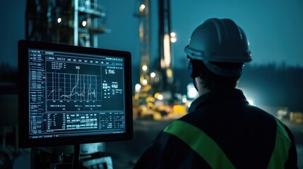 Poster - A worker monitors a digital display showing the progress of oil drilling deep underground.