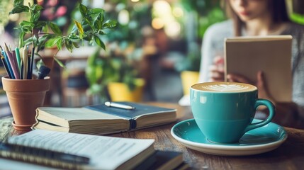 Poster - A writer immersed in their work at a coffee shop, surrounded by books and inspiration, capturing the joy of turning ideas into words.