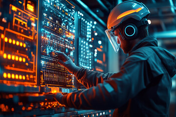 Poster - Modern electrician working on advanced technology in a high-tech facility